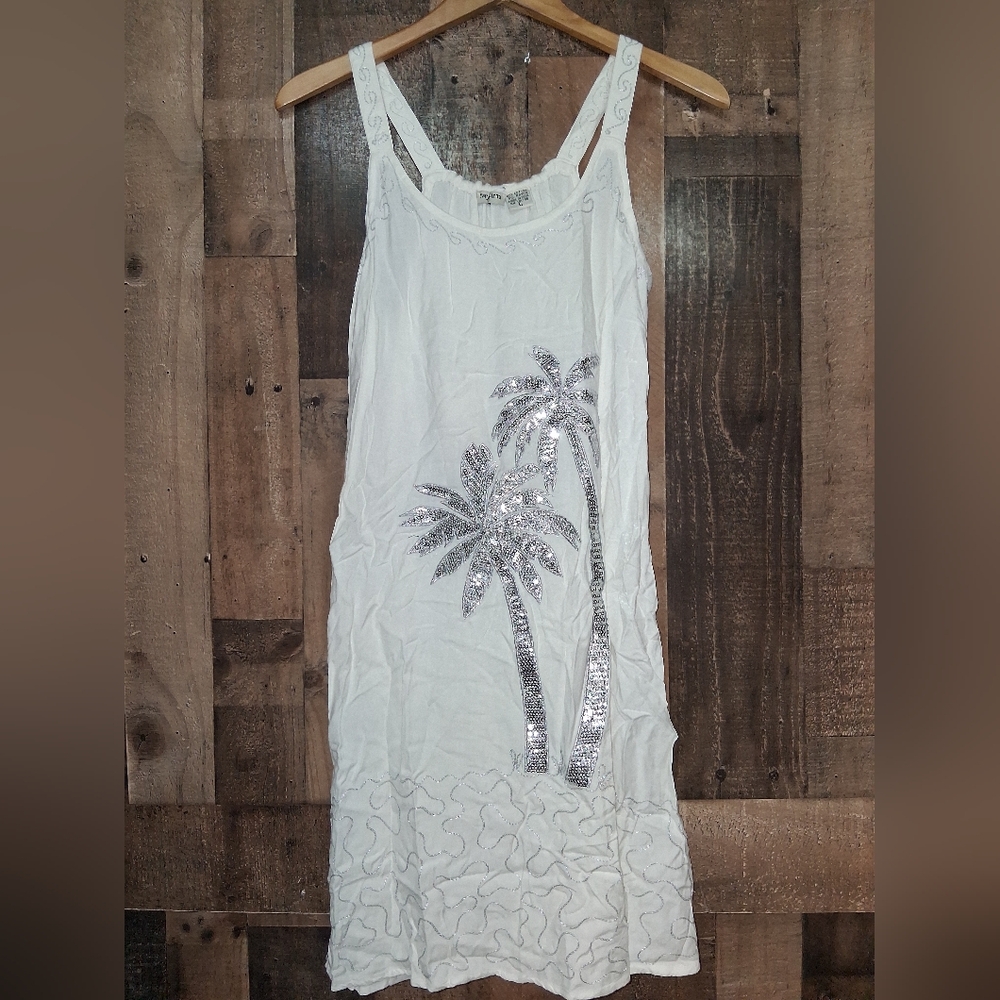 Raya Sun White Sequin Silver Palm Tree Swim Cover-Up Dress Size Large